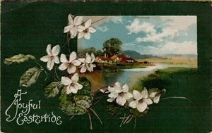 Joyful Eastertide Postcard Violets Surround Home Dark Green Background 1922 - Picture 1 of 2