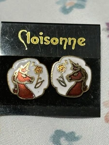 Cloisonné Earrings Unicorn Pierced Colorful White Red Black Gold Tone VTG Retro - Picture 1 of 7
