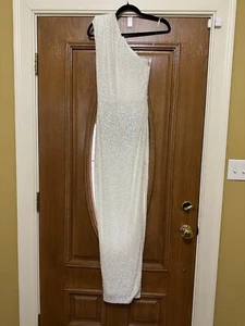 NWOT Nookie Sequined Evening Veda SZ M Gown White One Shoulder Side Slit - Picture 1 of 6