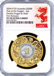 DOUBLE DRAGON WITH MOTHER OF PEARL 2024 2oz GOLD PROOF $200 COIN NGC PF70 UC FR - Picture 1 of 5