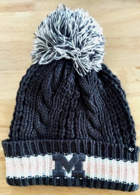 Michigan Wolverines Womens Hat '47 Pink Blue Cable Knit Cap Pom Embroidered Logo - Image 1 of 4
