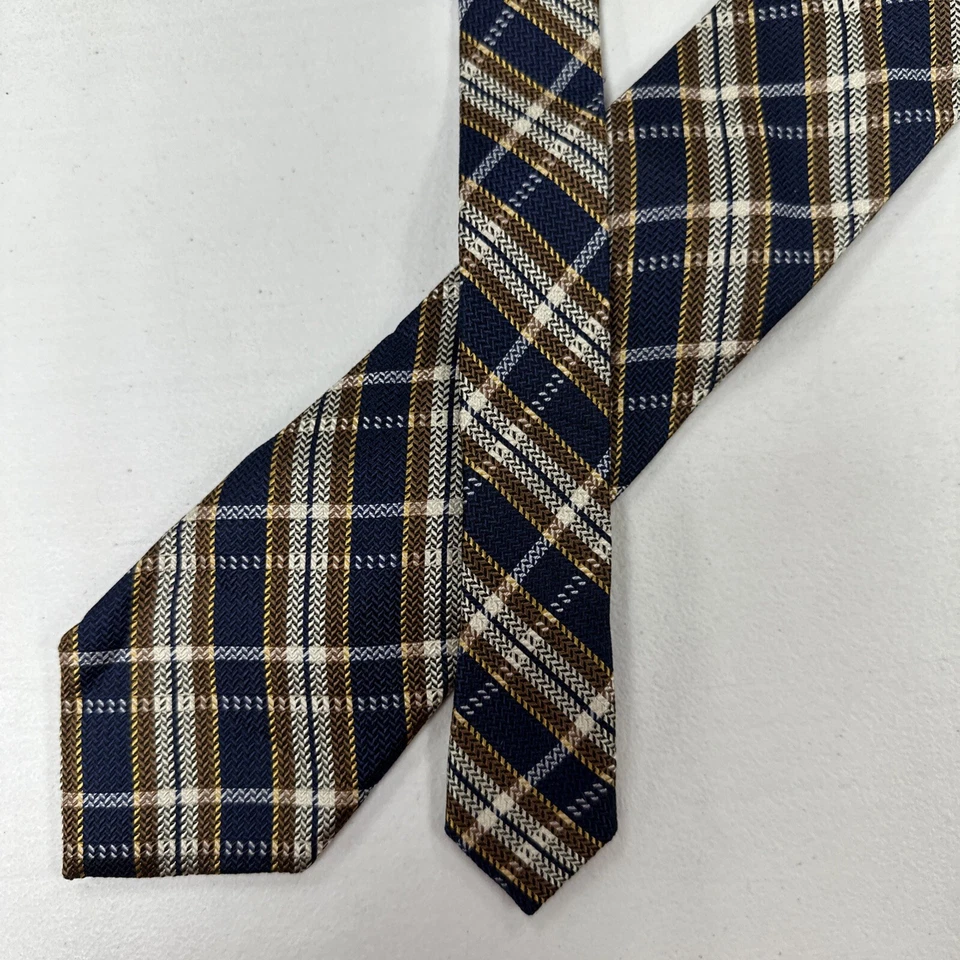 Black Brown 1826 Men's Navy Blue Dark Brown Plaid Pattern Silk Tie $138 - Image 1 of 4