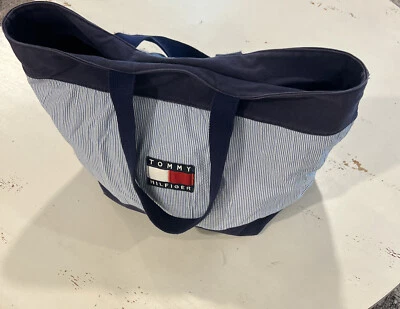 Tommy Hilfiger Tote Bag Seersucker Canvas Nautical Travel Shoulder Pouch Club L - Image 1 of 4