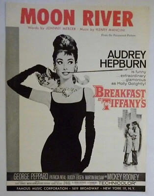 BREAKFAST AT TIFFANY'S Movie Sheet Music MOON RIVER 1961 Audrey Hepburn P/V - Image 1 of 2