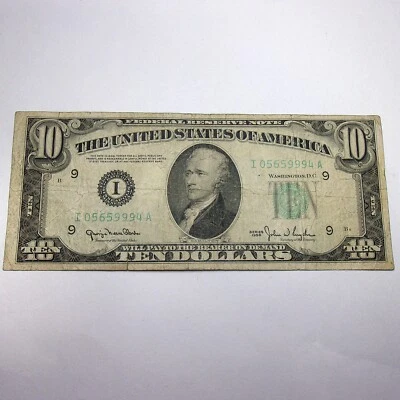 1950 $10.00 Dollar Bill Rare I Series from Minneapolis FRB Wide Green Seal Kind. - Image 1 of 2