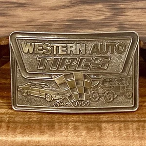 Lewis Buckles of Chicago Men's Western Auto Tires 'Since 1909' Brass Belt Buckle - Picture 1 of 8