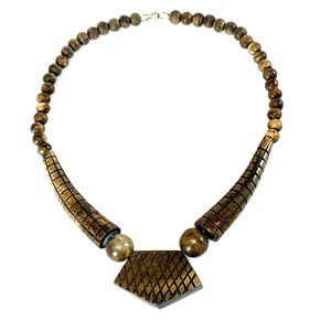 Vintage geschnitzte Horn Halskette Southwestern Wende Holz Perlen Ethno Boho - Bild 1 von 9