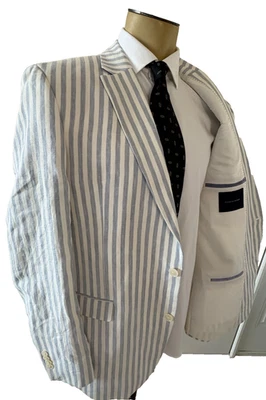 Abrigo deportivo Tommy Hilfiger para hombre 46L 100 % lino azul a rayas ajuste moderno nuevo sin etiquetas Foto 1 de 4