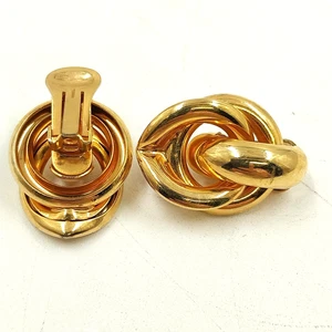 Gold Tone Knotted Clip-On Earrings Vintage Bold Statement Retro Jewelry Loops - Picture 1 of 4