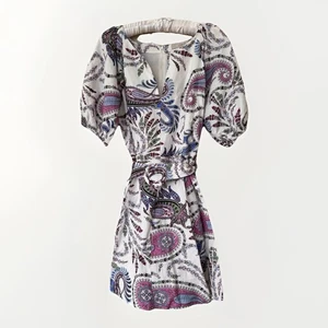 LOFT Women's Paisley Linen Blend Belted Puff Sleeve Dress Size 8 - Picture 1 of 10