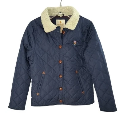 Y2K US Polo Quilted Jacket Wmn's Sz M Blue Button Up Long Sleeve Faux Fur Collar - Image 1 of 4
