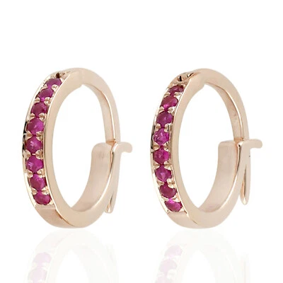 Genuine Ruby Huggie Hoop Earrings 14k Rose Gold Gemstone Jewelry Gift for Women - Image 1 of 4