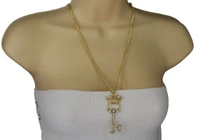 Women Gold Metal Chain Long Fancy Fashion Necklace Jewelry Crown Key Queen Charm - Picture 1 of 10