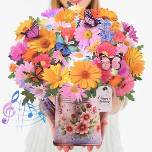 Pop up Birthday Card with Music and Lights 3D Paper Flower Bouquet with Butterfl - Picture 1 of 12