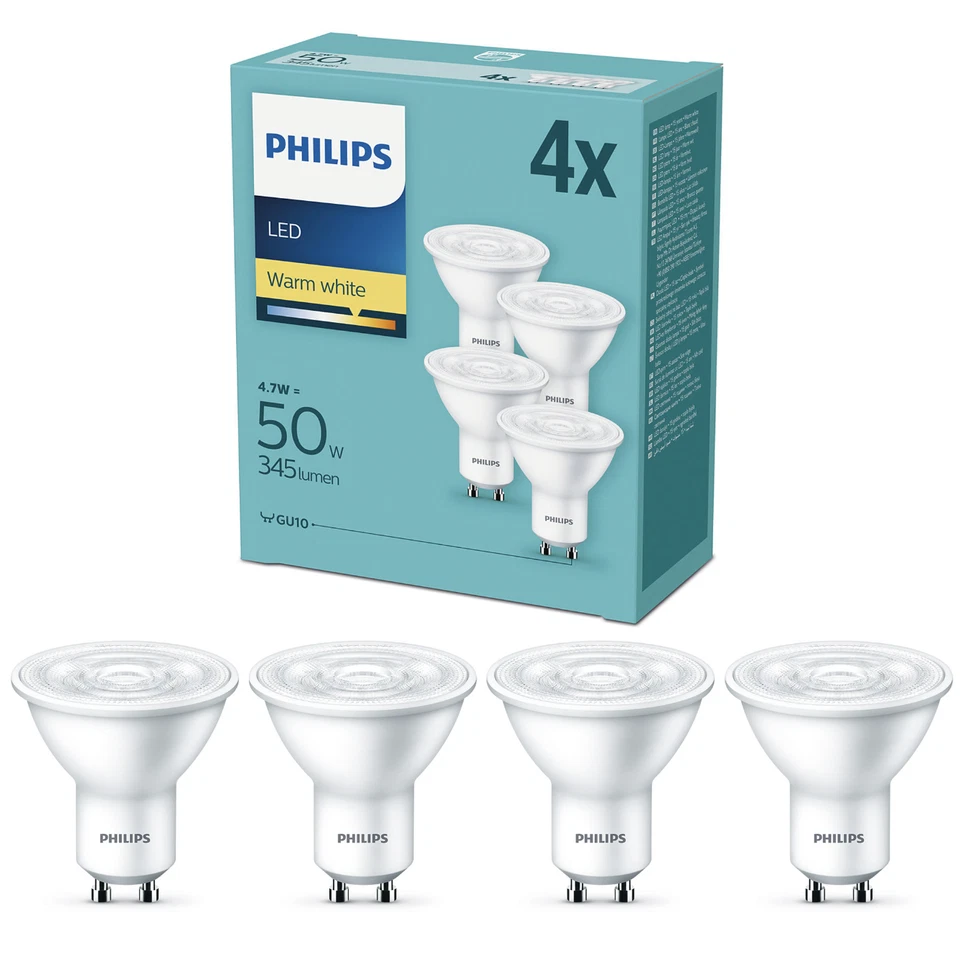 Philips LED Energy Saving Spotlight GU10 A+ 4.7W Warm White Bulbs -4/8/12Packs - Image 1 of 1