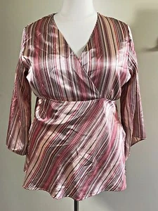 Camisa Blusa Estilo Campesino ZOEY BETH Talla Grande 2X Aspecto Satinado Marrón Rosa a Rayas - Imagen 1 de 6