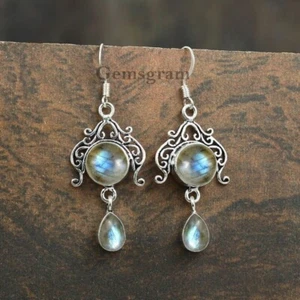 925 Sterling Silver Natural Labradorite Round Stone Handmade Genuine Earrings - Picture 1 of 6