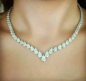 14K White Gold Plated 18"inch 22Ct Pear Cut Lab Created Diamond Tennis Necklace - Picture 1 of 5