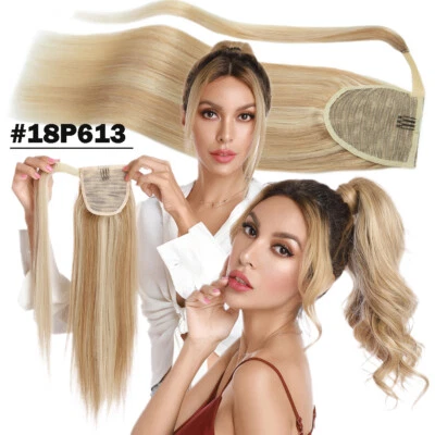 Wrap Around Clip Ponytail Real Human Hair Extensions Pony Tail Remy Hair Curly A - Image 1 of 4