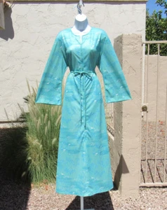 VTG 1960s LOUNGE CRAFT ORIGINAL FLORAL TEAL SEAFOAM DRESS HOUSE COAT ROBE BELT - Picture 1 of 12