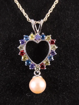 PINGENTE DE CORAÇÃO PRATA ESTERLINA 18" Colar PÉROLAS VANTEL Cristal Reflexos - Imagem 1 de 4