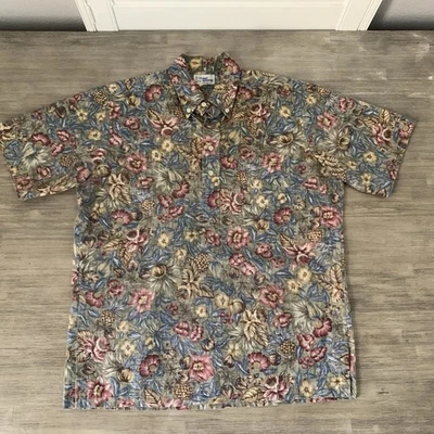 Pulôver Reyn Spooner tamanho M azul oliva vermelho floral havaiano estampa reversa botão - Imagem 1 de 4