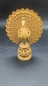Wooden Carving Peacock with Baby Hand Carved-Home Decor 5'' - Picture 1 of 10