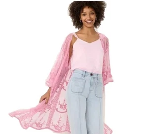 LC Lauren Conrad Womens Pink Lace Sheer Open Front Long Duster Sz OS NWT - Picture 1 of 6