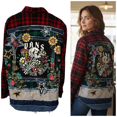 Upcycled фланелевая рубашка куртка Shacket женщин XL скейтборд гранж пэчворк - Изображение 1 из 4