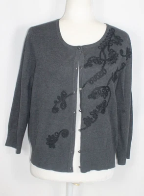 Cárdigan Suéter Spense Gris Oscuro Bordado Mujer Talla Grande Botón Cuentas Frontales Foto 1 de 4