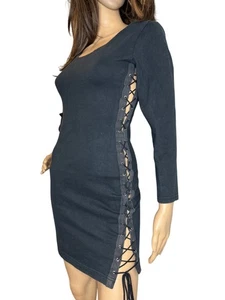 Vintage 90s Black Long Sleeve Lace-Up Sides Bodycon Dress Medium USA - Picture 1 of 10