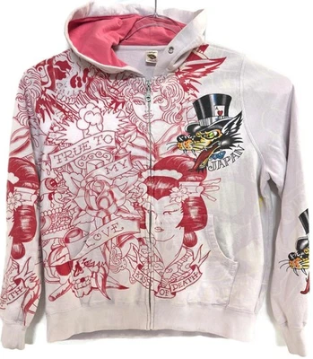 Ed Hardy Hoodie Sweatshirt Womens 0X Pink Tattoo Graphic Zip Up Death Or Glory - Image 1 of 4