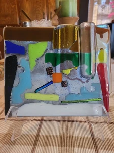 Unique Decorative Fused Glass Art With A Cylinder Vase Handcrafted Abstract 8x7" - Picture 1 of 12