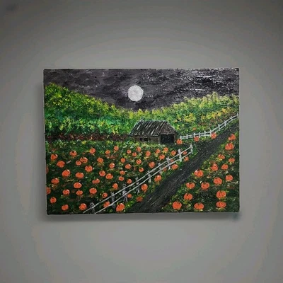 PumpkinFarm, Autumn Landscape, Orignal Acrylic Painting on Canvas Ready To Hang  - Image 1 of 4