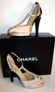 NIB CHANEL Champagne/Black Satin T-Strap Shoes 40 - Picture 1 of 1