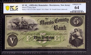 1858 $5 MORRIS COUNTY BANK MORRISTOWN NEW JERSEY OBSOLETE REMAINDER NOTE PCGS 64 - Picture 1 of 3