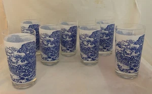 7 Vintage  Wedgewood Scenic  Blue & White Stenciled Drinking Glasses - Picture 1 of 4