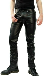 MENS BIKERS STYLE MOTORCYCLE BLACK PANT GENUINE 100% COW SKIN FULL GRAIN LEATHER - Picture 1 of 3