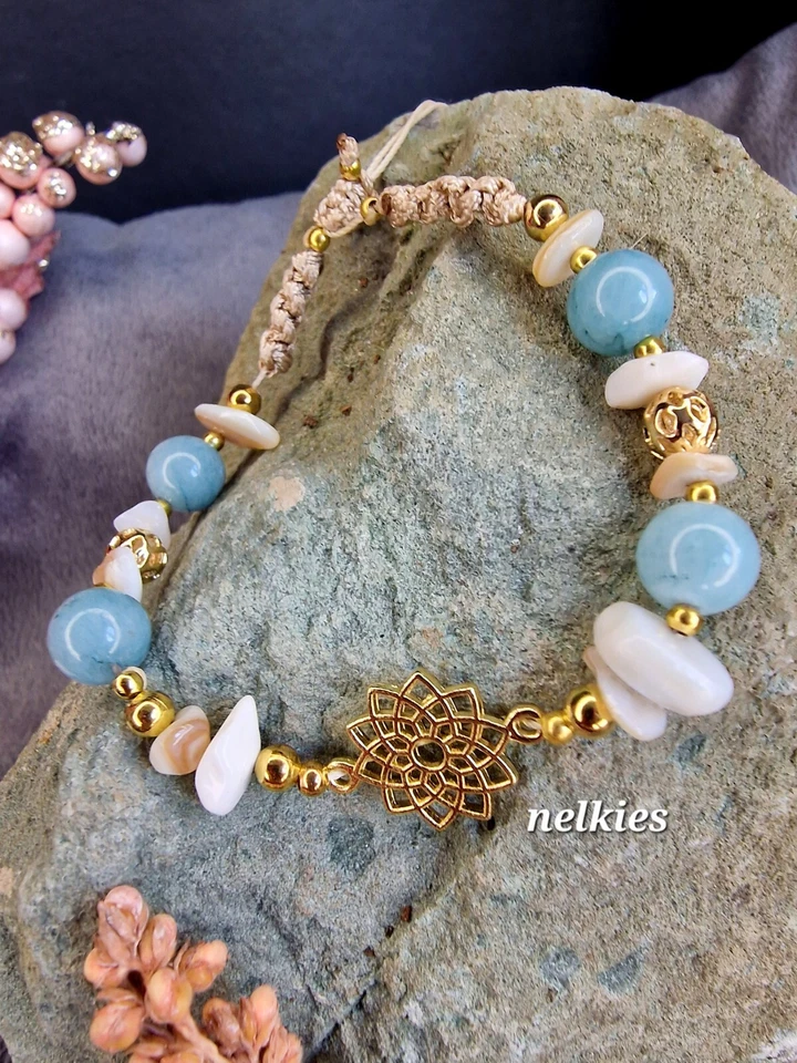 Armband Türkis Aquamarin Gold Messing Edelstein Heilstein Pandahall Joga - Bild 1 von 1