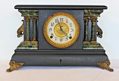 "Adrian" E. Ingraham Mantle Clock Green Marble With Key (c. 1911) Working Cover