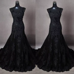 Black Gothic Wedding Dresses Mermaid Wide Straps Sleeveless Lace Bridal Gown - Picture 1 of 5