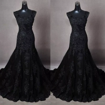 Black Gothic Wedding Dresses Mermaid Wide Straps Sleeveless Lace Bridal Gown - Image 1 of 4