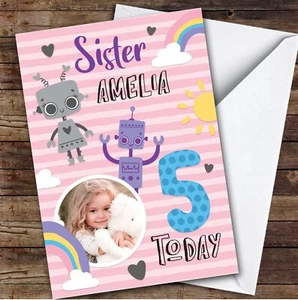 Girl's Robot Rainbow Photo Sister 5th Birthday Personalised Birthday Card - Picture 1 of 1