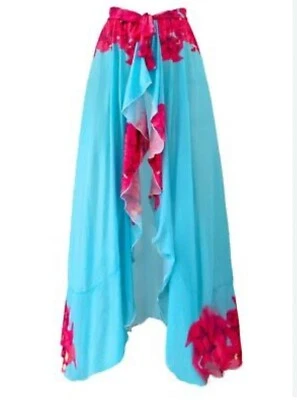 Falda Floral OS Azul Envoltura Volantes Bloque de Color Corbata Cintura Larga Playa Retro Encubrimiento Foto 1 de 4