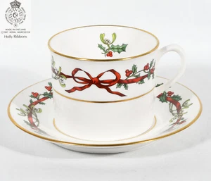 Royal Worcester Holly Ribbons Flat Cup 2 1/2" Tall & Saucer 6" - Picture 1 of 7