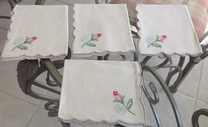 Vintage Embroidered Napkins Rolled Edges Pink Floral Flowers Set Of 4 - Picture 1 of 12