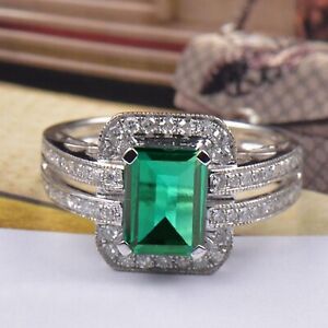 925 Sterling Silver & 3.20Ct Octagon Cut AA Natural Zambian Green Emerald Ring