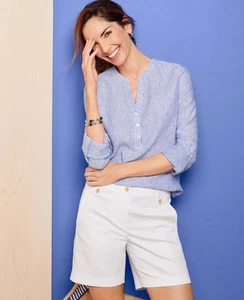 Talbots Linen Popover Shirt Blouse Top Size M Stripe Blue Roll Tab Sleeve Preppy - Picture 1 of 14