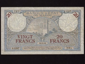 Morocco:P-18b, 20 Francs, 1941 * Hassan Tower * VF * - Picture 1 of 2