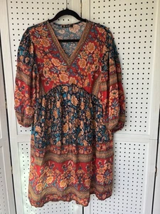 BTFBM Babydoll Dress Mixed Floral Print Women's Med Boho Multi Summer Fall Dress - Picture 1 of 7